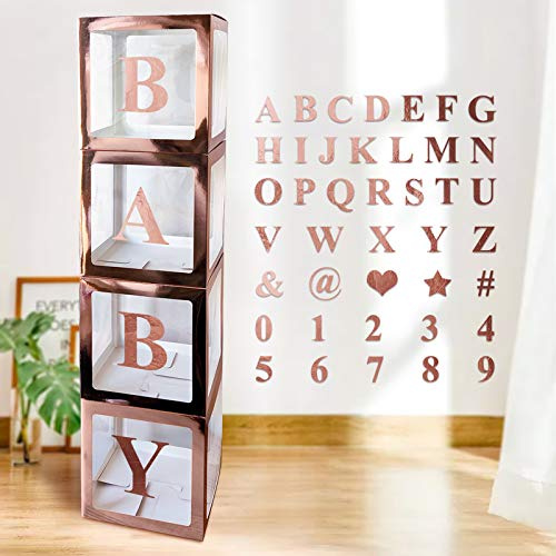 UNIIDECO 4 pcs Or Rose Boîtes Transparentes pour Ballons avec 30 Lettres 10 Chiffres 5 Symboles, Boîte Cadeau Transparente ABC Anniversaire Genre Révéler Décoration, Baby Shower Blocs de Lettres Décor