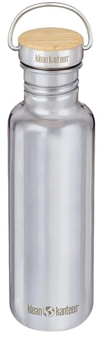 Klean Kanteen 27 oz Reflect Water Bottle with Bamboo Cap - Reusable Water Bottle - BPA-Free - Made with Stainless Steel & Food-Grade Silicone - Mirrored Stainless, 27 oz