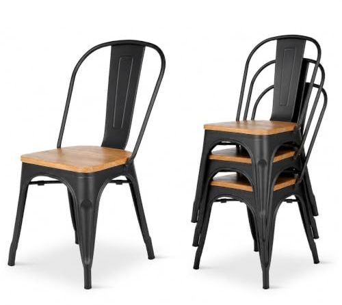Kosmi - Lot de 4 chaises Style Industriel en métal Noir Mat et Assise en Bois Clair
