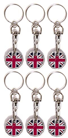 Craft 4 You Pack of 6 x Shopping Trolley Token UK Keyring £1 Coin Shape Pound Tokens Key Ring for Supermarkets Locker Gym (6 x Union Jack)