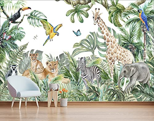 MWSSEGGE Papier Peint Intissé Animaux De La Jungle Girafe éléphant Lion Poster Tableaux Photo Muraux Utilisé Pour Salon Chambre Chambre D'Enfant Décoration Murale (200x150cm)