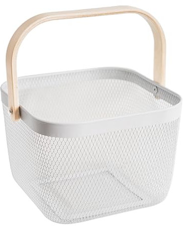 SANHSEHOME Metallgitter-Stahlkorb, Garten-Erntekorb zum Sammeln von Gemüse, Drahtkorb mit Griff, Aufbewahrung, Organizer, multifunktionaler Obstkorb für Küche, Garten, Picknick (Quadrat weiß)