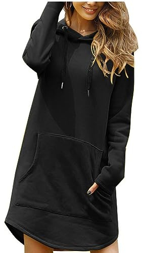 Onsoyours Vestito Felpe con Cappuccio da Donna Hoodie Abito Casual Sportivo Lungo Pullover Maniche Lunghe Sweatshirt Vestiti Autunno Inverno Tinta Unita Maglione con Tasche