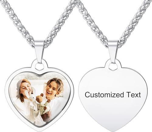 INBLUE Personalizzato Inciso Foto Testo Collana con Protettivo Epossidico in Acciaio Inox Ciondolo Cane Tag Forma Cuore con Grano/Rolo Catena Memorial Gioielli Regalo per Donna (A-Argento)