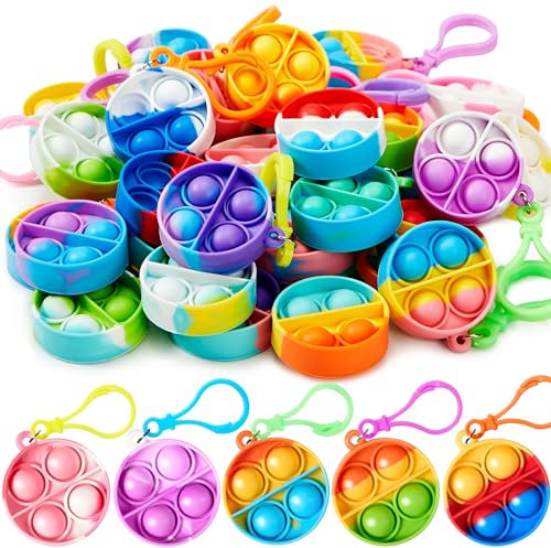 JOYIN 30 PCS Party Bag Fillers for Kids, Round Pop Fidget Kerings Mini Fidget Toys for Kids, Poppet Fidget Toy Stress Relief Squeeze Keychain Toys, Party Favors Gifts for Boys and Girls