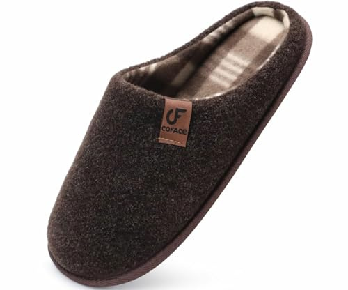 COFACE Mysiga tofflor med minnesskum vardagliga varma slip-on husskor, Mörkbrunt, 47 EU | Lätt, mjuk kudde, andningsbar, inomhus/utomhus filt skraptoffel med fotvalvstöd, gummisula storlek 7-15