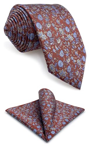 S&W SHLAX&WING Krawatte für Herren rot mittelgroß Vermillion Blau Blumen Krawatten Set mit Einstecktuch Party klassisch Größe 147cm×8cm