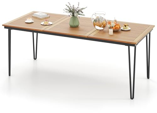 COSTWAY Table de Jardin 200 CM pour 8 Personnes, Plateau en Bois d’Acacia avec Trou de Parasol Dia.5CM, Table de Salle à Manger d’Extérieur Rectangulaire Design Latte, Pieds en Métal en Forme V
