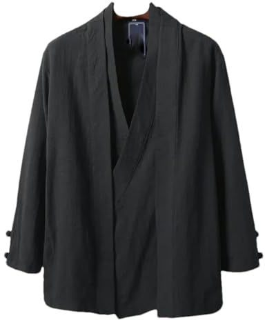 Hauts Cardigan Hanfu en Lin de Style Chinois pour Hommes Chemises Kung Fu Vestes Kimono Japonaises Manteaux Robes Vêtements Orientaux, Noir , S