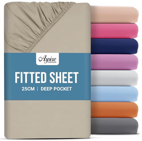 Aspire Homeware Double Fitted Sheet - 25 cm Deep Hotel Quality (Cream) Bed Sheets - Soft & Breathable Fitted Bed Sheets Double - Anti-Wrinkle Easy Care Fitted Sheets