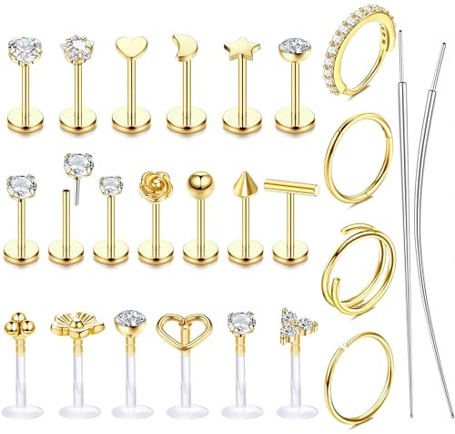 JeweBella 20G Nasenpiercing Ring Studs aus Chirurgenstahl - Tragus, Helix, Labret, Septum, Lippenpiercing Set für Ohr, Conch, Monroe, Medusa - Gold/Silber 6/8/10MM