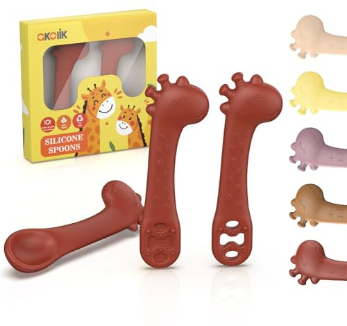 akolik Esslernlöffel für Baby, Weiche Silikon Breilöffel, Lernlöffel, BPA-frei, Babylöffel BLW, Giraffen Einsteiger Besteck, Fütterlöffel und Beißhilfe für Kinder ab 4-6+ Monaten
