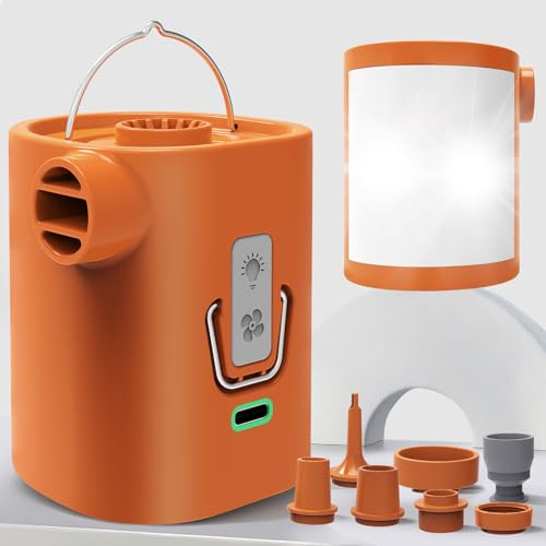 Pompa d'Aria Portatile 3600mAh per Gonfiabili, Pompa con Funzione di Sgonfiaggio, Luce da Campeggio a 3 Modalità, 6 Ugelli, 400L/Min per Materassi Gonfiabili, Galleggianti da Piscina,Sacchi Sottovuoto