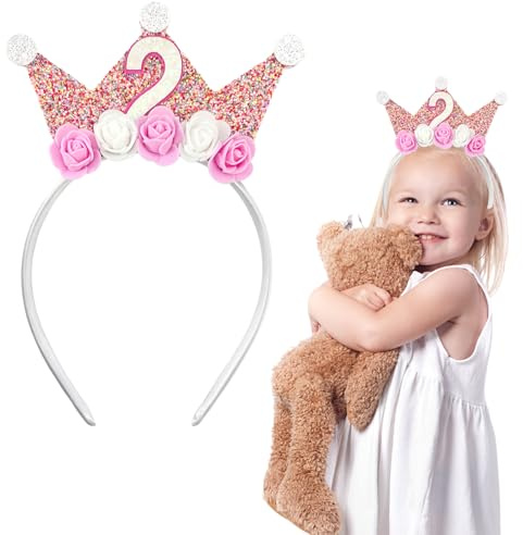 ELNX Födelsedagskrona för Barn | 2-års Födelsedagskronor Hårband för Småbarn Flickor | Blomma Prinsess Tiara Hårtillbehör Dekorationer