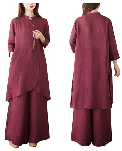 CHUIKUAJ Tai Chi Kleidung für Damen, Traditioneller Chinesischer Kampfsportanzug Dreiviertelärmel Kung Fu Trainingsanzug Hemd Hosen Set (Red, XXL)