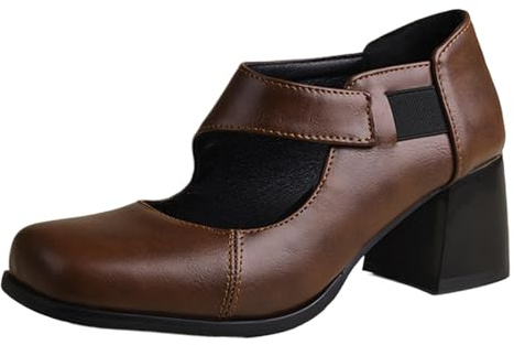 Mo Joc Zapatos Mary-Jane para mujer, tacón de bloque de 6 cm con punta cuadrada, cintura cómoda para ponérselo fácilmente, marrón, 43 EU