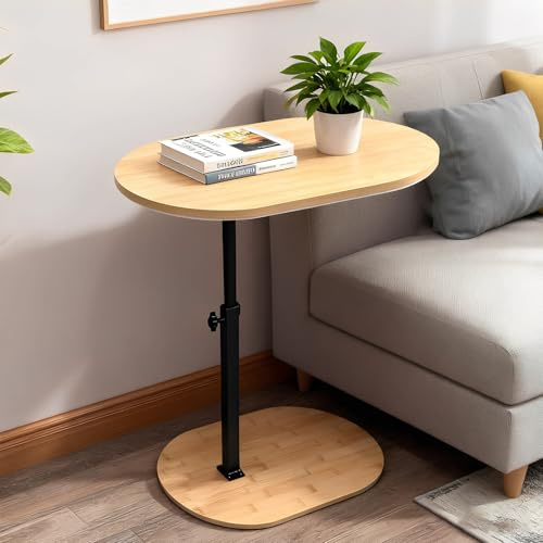YASHIIN C-Shaped Bamboo Side Table， with Rotating TV Tray， Perfect for Living Room BedSofa Use, 40 to 75 cm Height 360° Rotatable Top, Sturdy Design