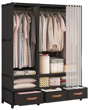 WEALTHYHEART Portable Closet,Portable Closets for Hanging Clothes,Japanese Style Wardrobe Clothing Rack with 3 Drawers,1 Hanging Rods and 2 Storage Shelves,43.3 L x 17.7 W x 65.1 H,Black