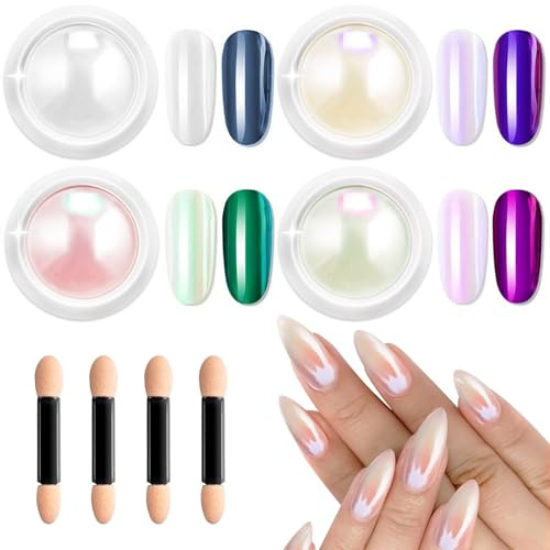 BISHENGYF Polvo De Uñas Efecto Perla - BRILLANTE Polvo Uñas Cromado Donut Esmalte Holo Blanco, Juego De Brillo De Uñas Transparente Aurora Sirena Efecto Espejo Uñas Mágico Pigmento Nail Art Decora DIY