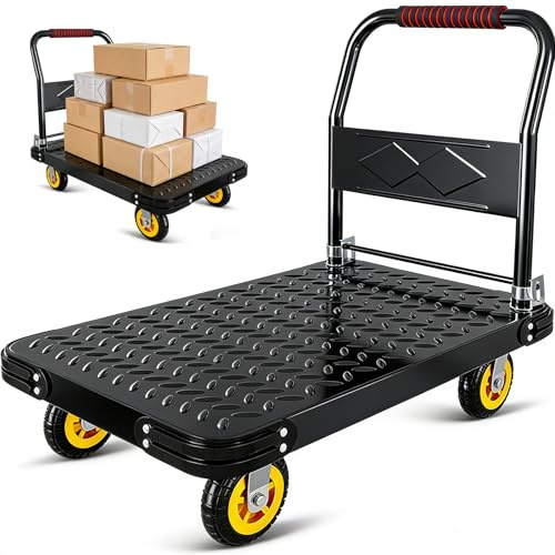 ZHOZHUT Carretilla De Mano Plegable 420kg-1300kg Carro De Plataforma Resistente con Ruedas Silenciosas, Carro Plegable con Plataforma Plana para Almacenes, Comedores Y Obras De Construcción,Negro,XL