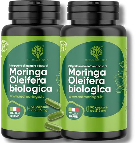 RedMoringa Integratore Moringa Oleifera Biologica - 100% Naturale | Moringa in Capsule Vegetali | per Digestione e Pancia Piatta | Fonte di Vitamine, Minerali e Proteine - 180 Capsule - Made in Italy