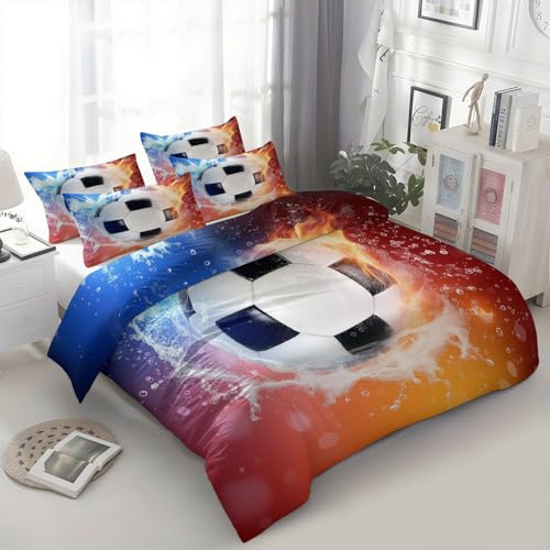 XCQHZYQ Copripiumino Singolo Bambino Rosso 135x200 cm, Set Copripiumino Tema Del Calcio Gocce D'Acqua Set di Biancheria da Letto Reversibile Ipoallergenico, Copertura con 1 Federa