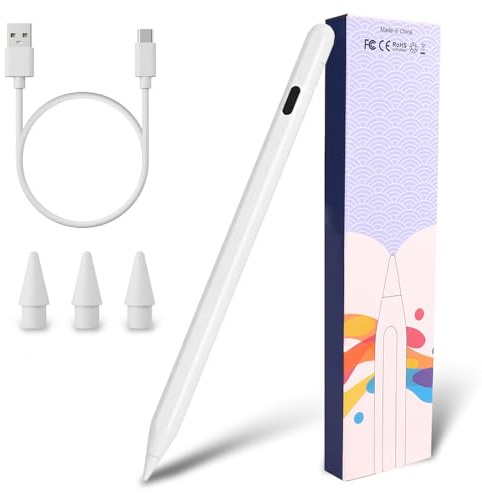 Penna per ipad, 2018-2026 Penna per Tablet, Penna Touch, Ricarica Rapida, Ultra Lunga Durata, 3 Pennini di Ricambio, Compatibile con IPad 6-10/Pro 12,9''/11''/Mini 5-6/Air 3 4 5(Bianco)