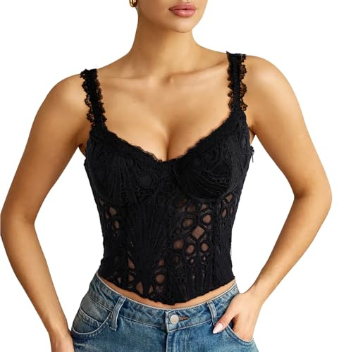 WERFORU Corset Top en Dentelle pour Femme Bustier Floral Transparent Sexy Bralette à Lacets dos Ajustable Crop Top pour Sortie Concert et Soirées Club
