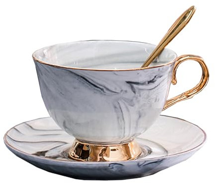 Porcelain Tea Cup Coffee Mug Set for Morning Tea - with Coffee Cup + Saucer + Teaspoon, 200ml (Gray)