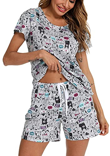 ENJOYNIGHT Women's Pyjama Sets Cotton Printed Nightwear Summer Pjs Set | 2 Piece Pajamas, Short-sleeved Crew Neck Top, Drawstring Shorts with Pockets, Soft Cotton Blend Fabric