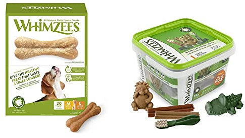 WHIMZEES Reisknochen, natürliche, glutenfreie Zahnpflegesnacks, Kauknochen für große Hunde, 20 Stück, Größe M/L & Gemischte Vielfaltsbox, natürliche, getreidefreie Zahnpflegesnacks, 14 Stück