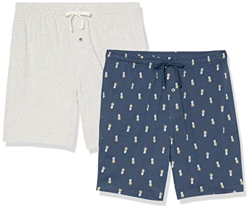 Amazon Essentials Pantalones Cortos de Pijama de algodón de 18 cm Hombre, Pack de 2, Añil Piña/Gris Mezcla, M