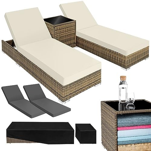 tectake® 2er Lounge Sonnenliegen Set Plus Tisch – inkl. 2 Bezugsets und Schutzhülle, Outdoor Poly Rattan Gartenmöbel Set, 2er Set - Natur
