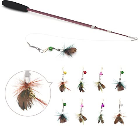 SONGWAY Interaktives Katzenspielzeug Feder – Katzenspielzeug Set mit Einziehbare Stangen und 9 Insekt Ersatzfedern mit Glocken, Katzenangel, Federstab Katze Spielzeug für Kätzchen und Katzen