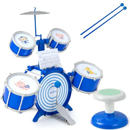 GYMAX Kids Drum Set, 5 Piece Children Drum Kit with Stool, Music Stand, Sticks and Foot Pedal, Beginner Rock Drum Set for 3 Years Old + Boys Girls