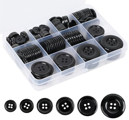 Furuising 140Pcs 15mm-30mm Large Black Buttons (4-Hole Round)