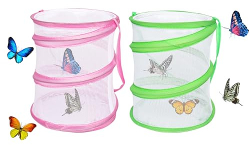 2Pcs Butterfly Habitat Cage Pop Up Collapsible Bug Butterfly House, Insect Butterfly Mesh Net Cage Butterfly Enclosure for Kids(Pink, Green)