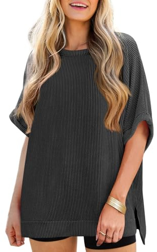 Tankaneo Womens Oversized T Shirts Summer Casual Loose Fit Ribbed Batwing Short Sleeve Tunic Tops Black