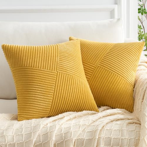 Topfinel Kissenbezug 60x60 Gelb Kordsamt 2er Set Windmühle Streifen Muster Kissenbezüge Kissenhülle Dekokissen Sofakissen Patchwork Design Deko Wohnzimmer Bett Schlafzimmer Sofa