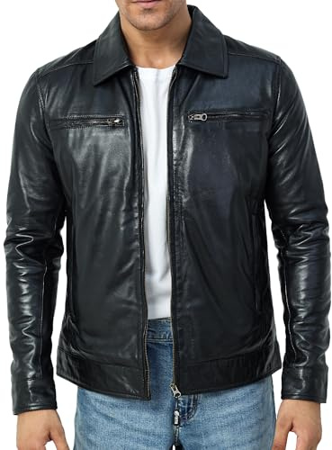 FINCHESCLUB Cowhide Leather Motorcycle Jacket, Conceal Carry Pockets Leather Jacket Men Polo Collar, Men's Biker Jacket | XXL - Icon