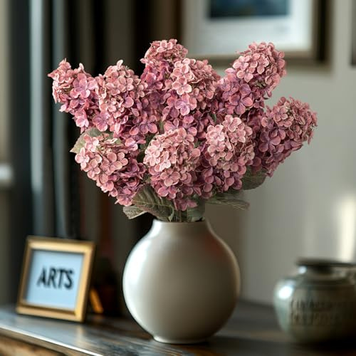 Ttranewsoo Burgundy Hydrangea Artificial Flowers,Fall Hydrangeas Artificial Flowers, Fake Fall Dried Hydrangea Decoration,Faux Silk Flower with Stems Winter Decor(Red Rose 24 8pcs) Without Vase