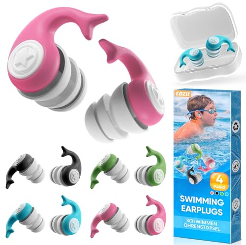 COZII Lot de 4 paires de bouchons d'oreilles étanches réutilisables en silicone pour la natation, le bain, la douche, le surf, le kayak, pour les enfants de 4 à 14 ans