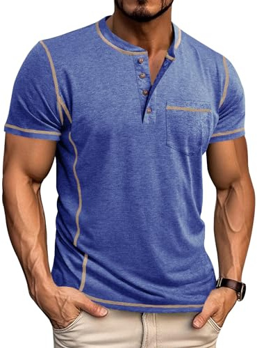 LAOARA Tee Shirt Homme T Shirt T-Shirts à Manches Courtes Homme Henley Col Tunisien Boutons Légére Tshirt Bleu XL
