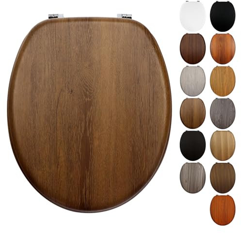 Fanmitrk Wooden Toilet Seat - Adjustable Zinc Alloy Hinges - Made of MDF with PVC Leather-Look Material - Easy to Install for Bathroom Bottom Fixture 43.3 x 36.8 x 5.5 cm (JH4706-02)