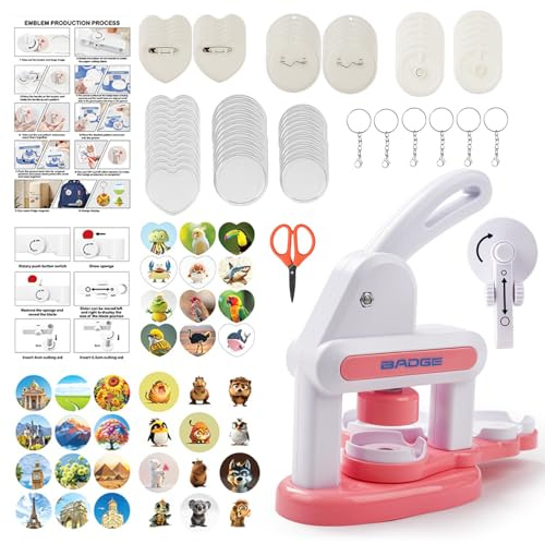 YUMILI Kit para hacer insignias para niños, diseño de conejo, máquina para hacer pines de botón, con 36 piezas de botón, calcomanías, cortador de círculos y tijeras para niños, cumpleaños, Navidad