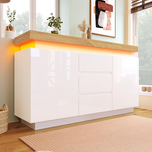 Oxtao Kommode, Hochglanz Sideboard mit 2 Türen und 3 Schubladen, LED Beleuchtung (App Control), Mehrzweckschrank für Wohnzimmer und Schlafzimmer 140x39x81cm, Weiß (140x39x81cm)
