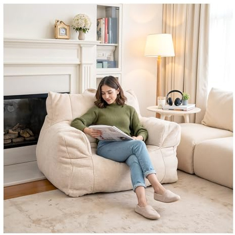 INMOZATA Teddy Bean Bag Chair with Filler Large Bean Bag for Adults Large Beanbag Portable Handle Soft Stuffed Filling Comfy Cozy Bean Bag Sofa for Living Room, Reading, Gaming (Beige)