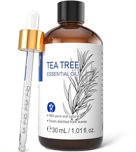 HIQILI Olio Essenziale Tea Tree 30ml, per Pelle, Capelli, Unghie, Diffusore, può Essere Aggiunto a Shampoo, Bagnoschiuma e Spray