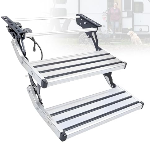 Elektrisk husbilstrappa, hopfällbar aluminiumlegering med enkel-/dubbelskikt, hopfällbar nedfällbar manuell elektrisk trappa, med LED-ljus, 200 kg kapacitet, för husbilar Double