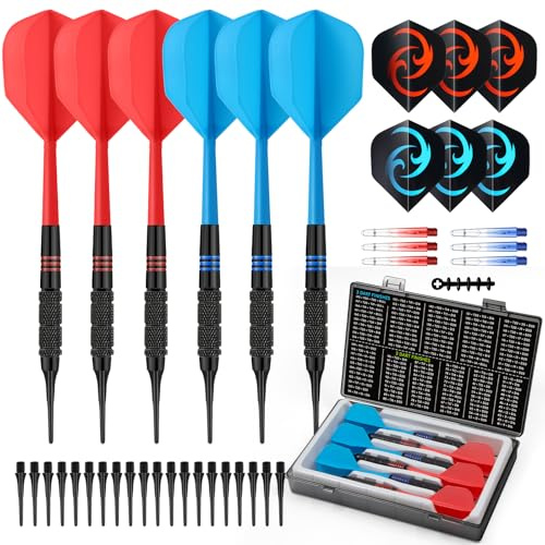 HUANQU 6 Pack Soft Tip Darts Set 16g- Integrated dart Flights 2BA Thread Plastic Tip Darts with Case 20 dart Points 6Extra Shafts & Flights Storage Box Included – Electronic DartBoard Compatible
